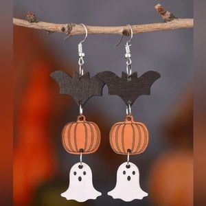 Halloween Pumpkin & Bat Drop Earrings
